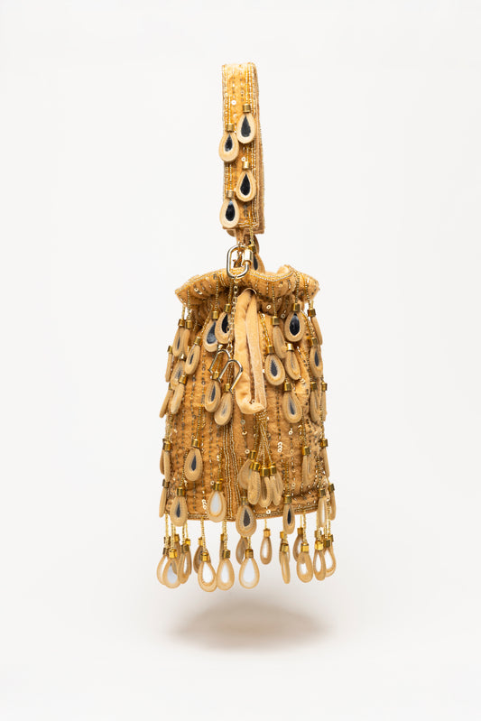 Gold Elio handcrafted statement bag with warm gold mirror-glass drops, sequin detailing, and swinging pearl fringe