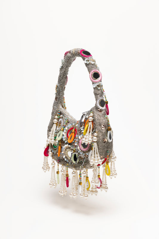 Silver Formentera handcrafted statement bag with micro-beads, mirror drops, pearl strands and colorful accents