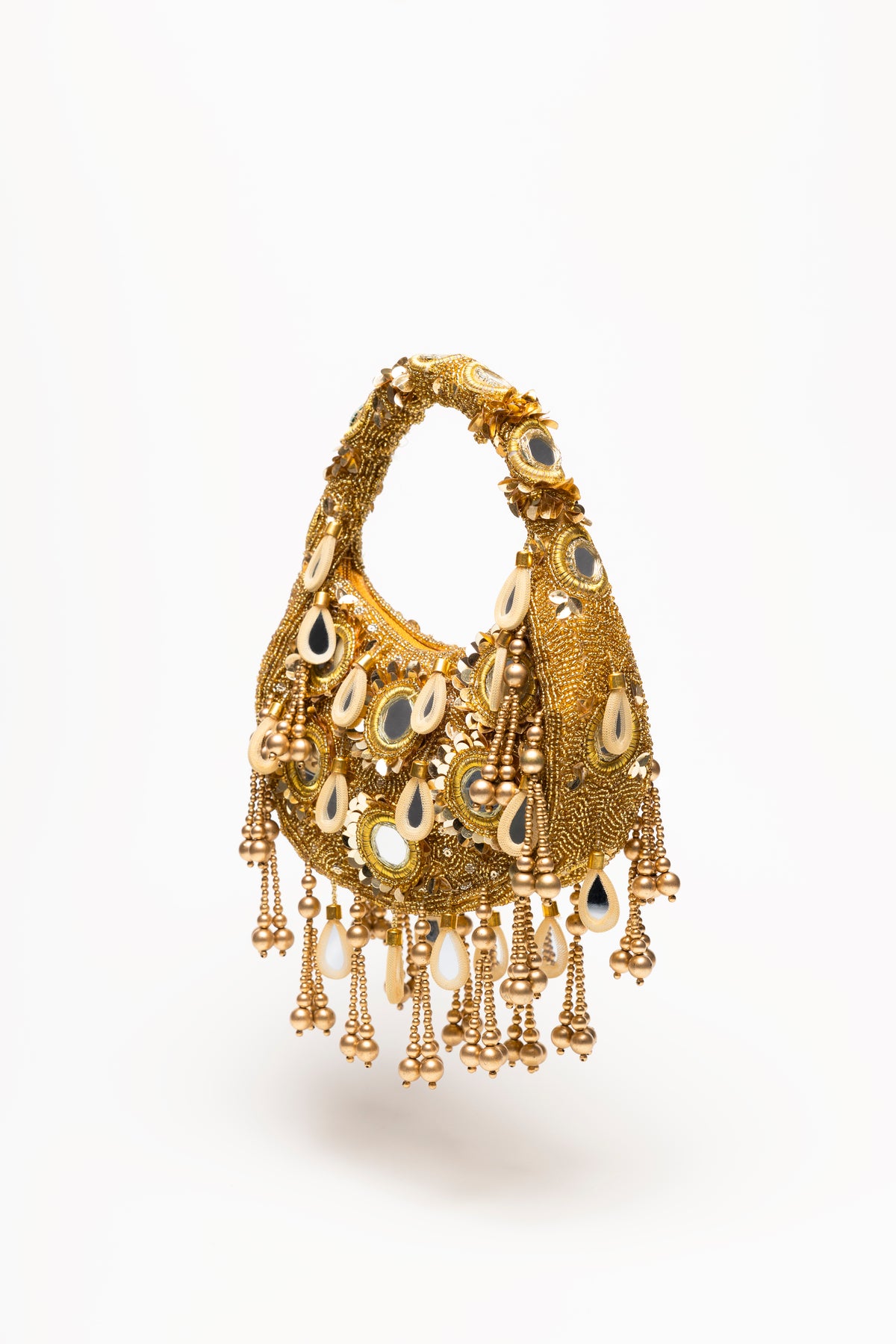 Gold Formentera handcrafted beaded bag with micro-bead embroidery, mirror-glass pendants, and layered fringe detailing
