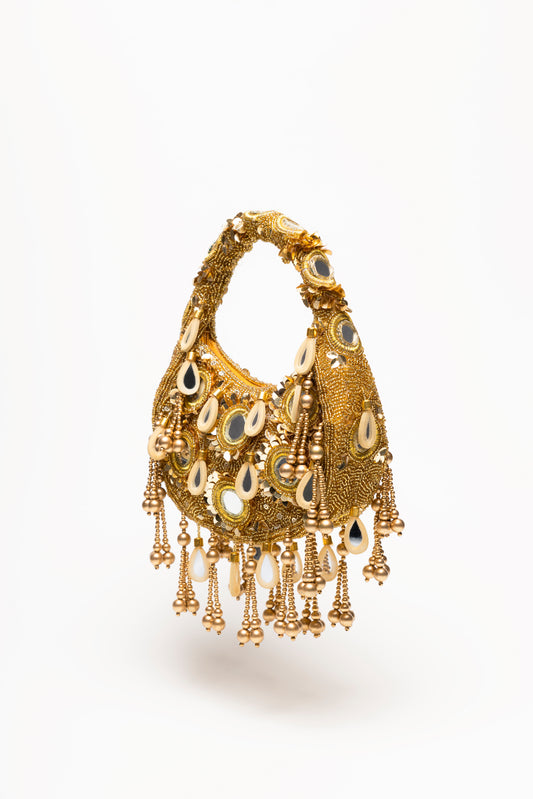 Gold Formentera handcrafted beaded bag with micro-bead embroidery, mirror-glass pendants, and layered fringe detailing