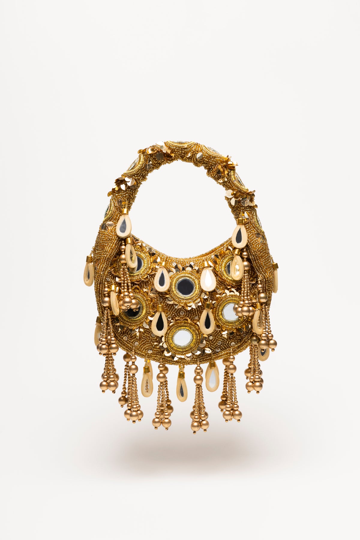 Gold Formentera beaded bag with micro-bead embroidery, mirror-glass pendants, and layered fringe detailing in warm tones