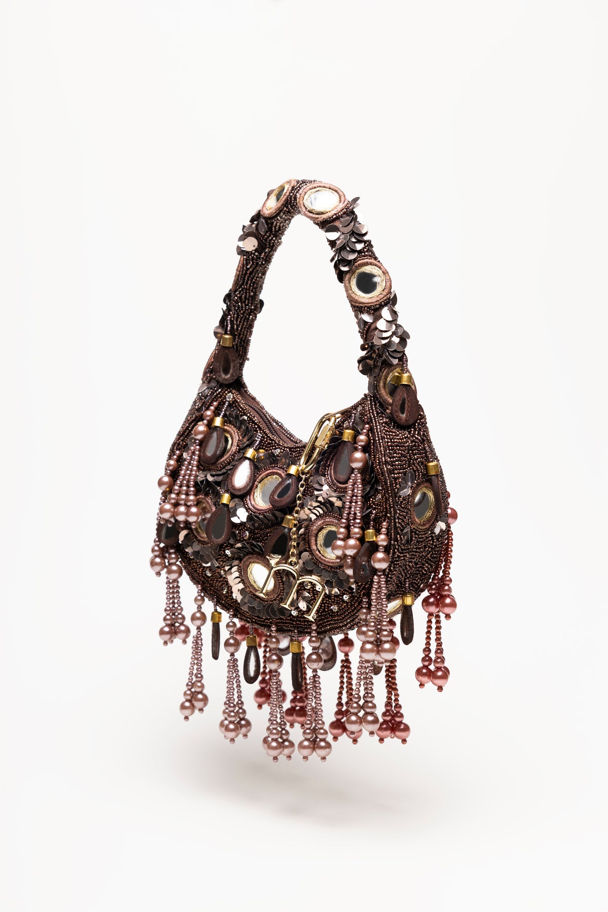 Handcrafted espresso brown beaded shoulder bag with mirror glass drops, pearl beads, and layered embroidery detailing, Formentera statement piece