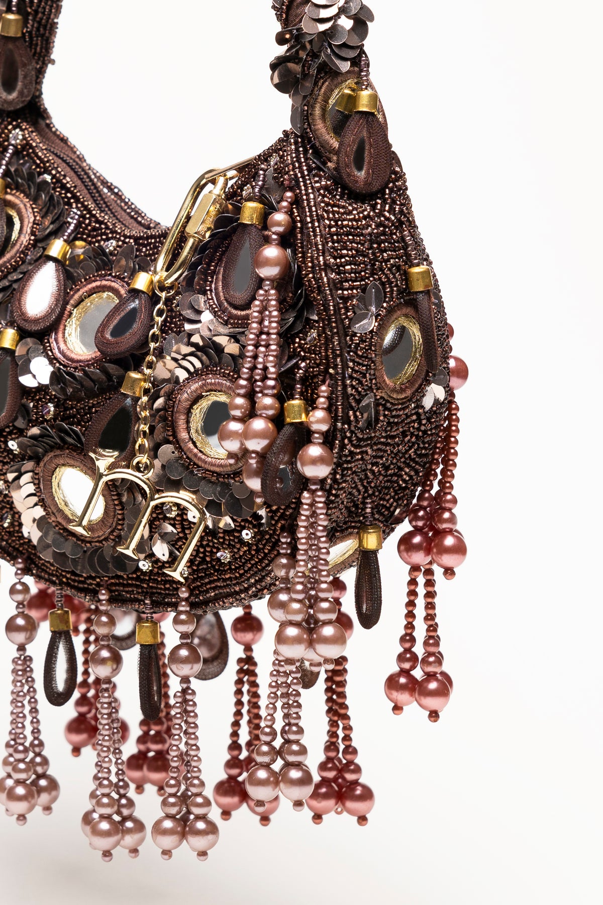 Espresso Formentera handcrafted beaded bag featuring micro-bead embroidery, mirror-glass drops, pearl beads, and brass accents in deep brown tones