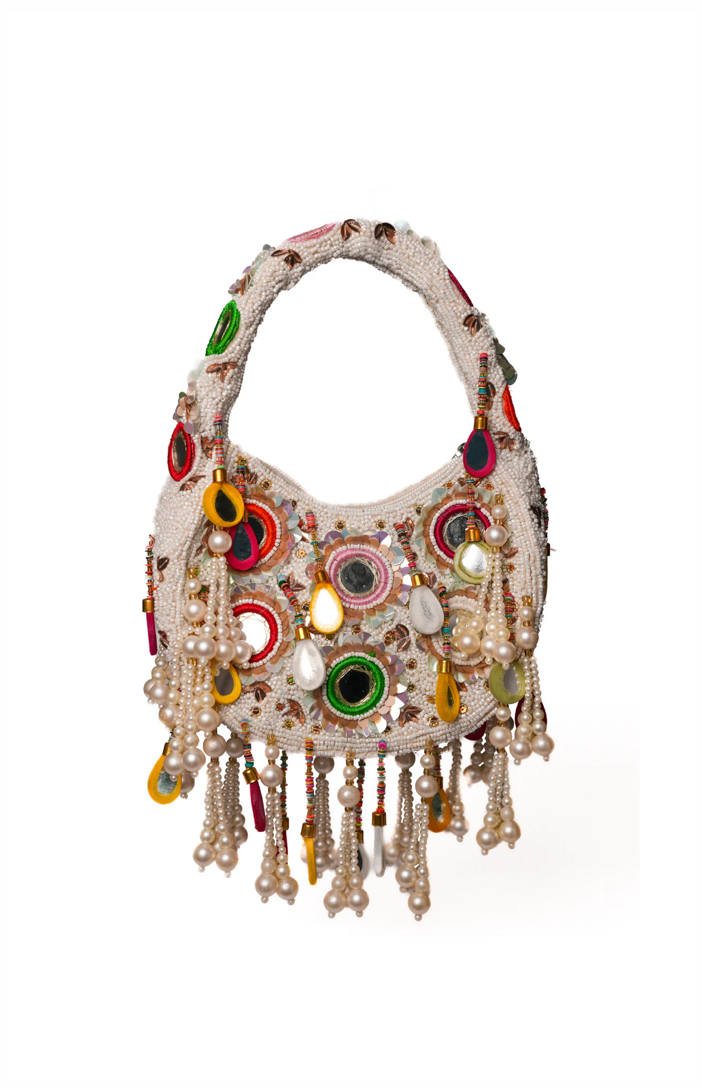 White Formentera handcrafted statement bag with micro-bead embroidery, mirror accents and cascading pearl fringe