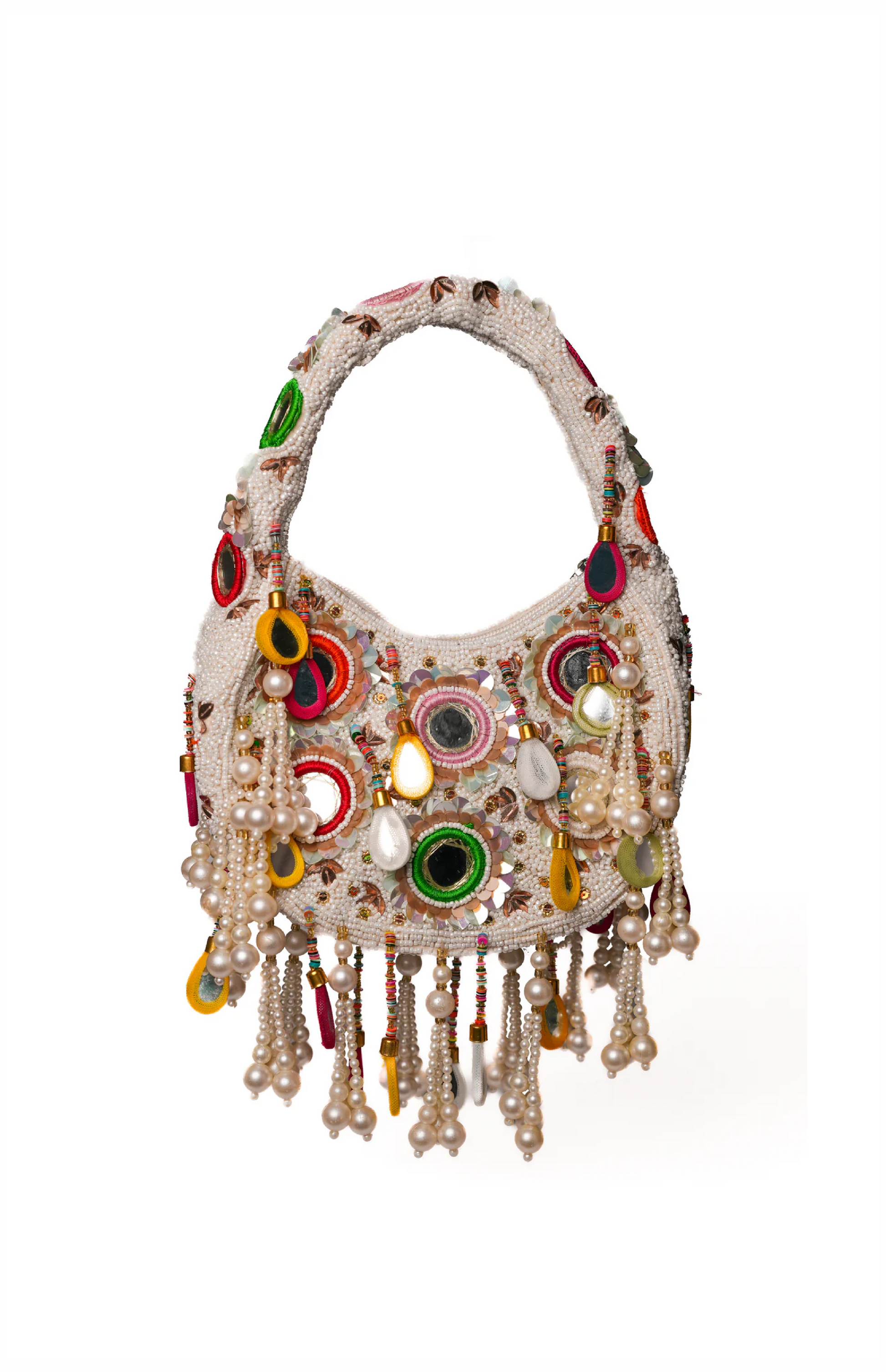 White Formentera handcrafted statement bag with micro-bead embroidery, mirror accents and cascading pearl fringe