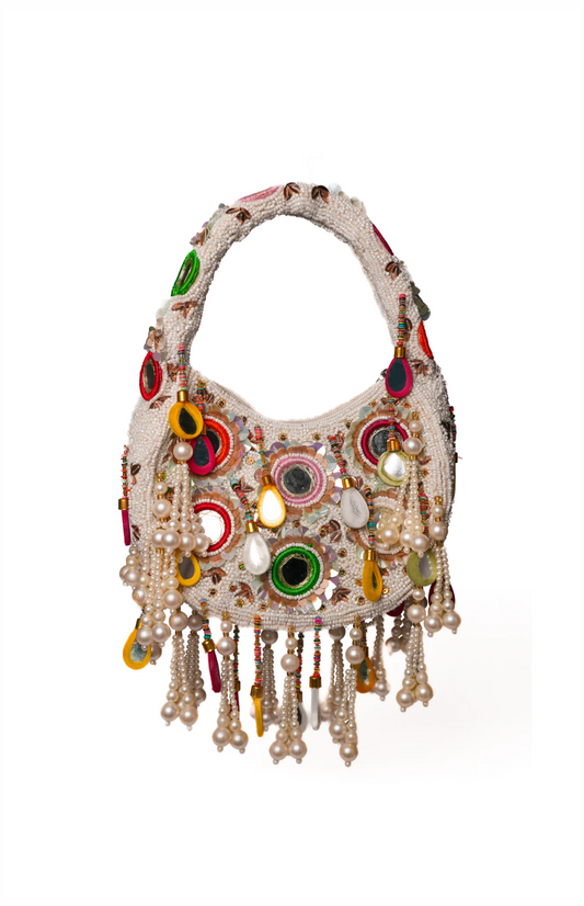 White Formentera handcrafted statement bag with micro-bead embroidery, mirror accents and cascading pearl fringe