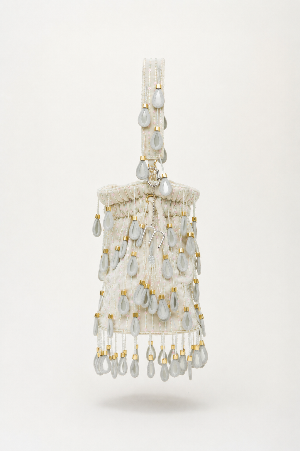 White Elio handcrafted beaded tote with cascading pearlescent drop beads and gold accents, Mediterranean-inspired statement bag