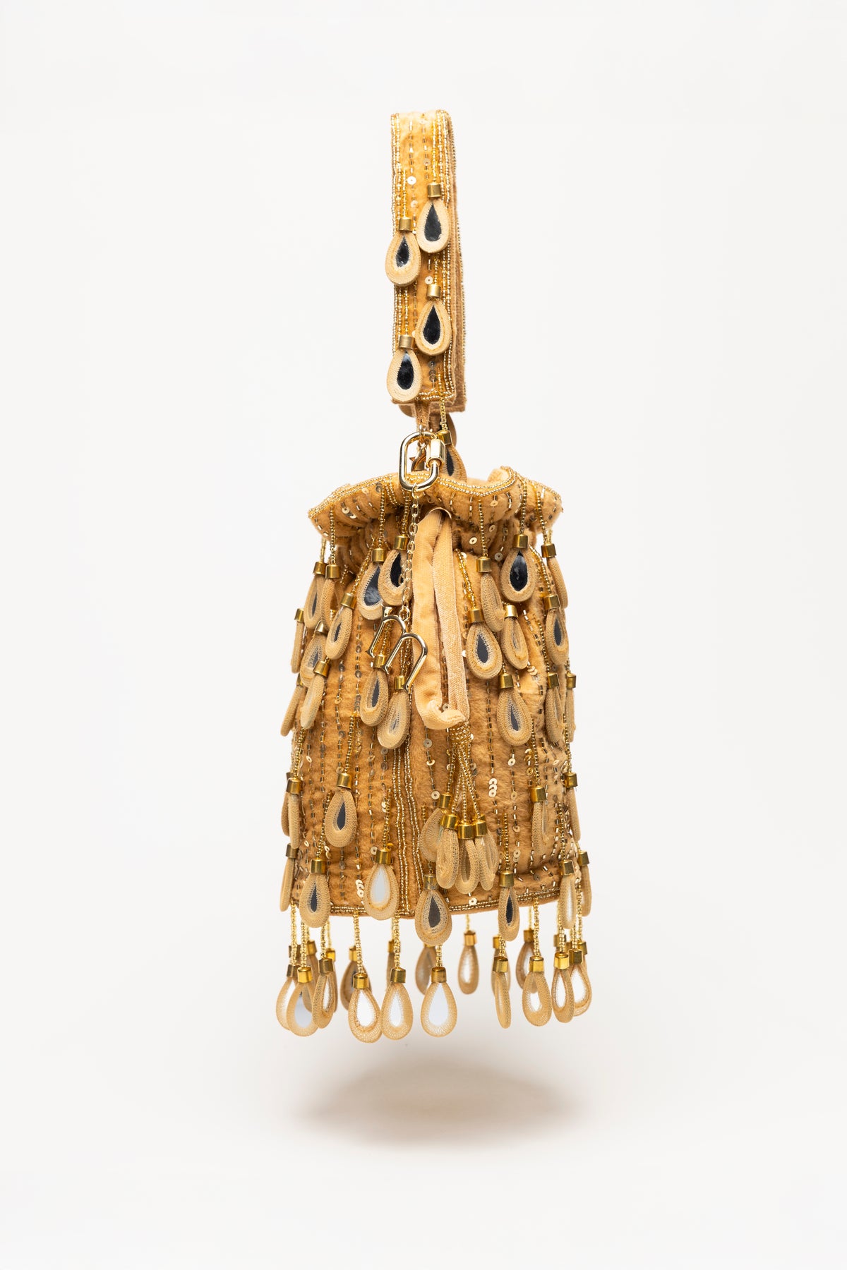 Gold Elio handcrafted statement bag with warm gold mirror-glass drops, sequin detailing, and swinging pearl fringe