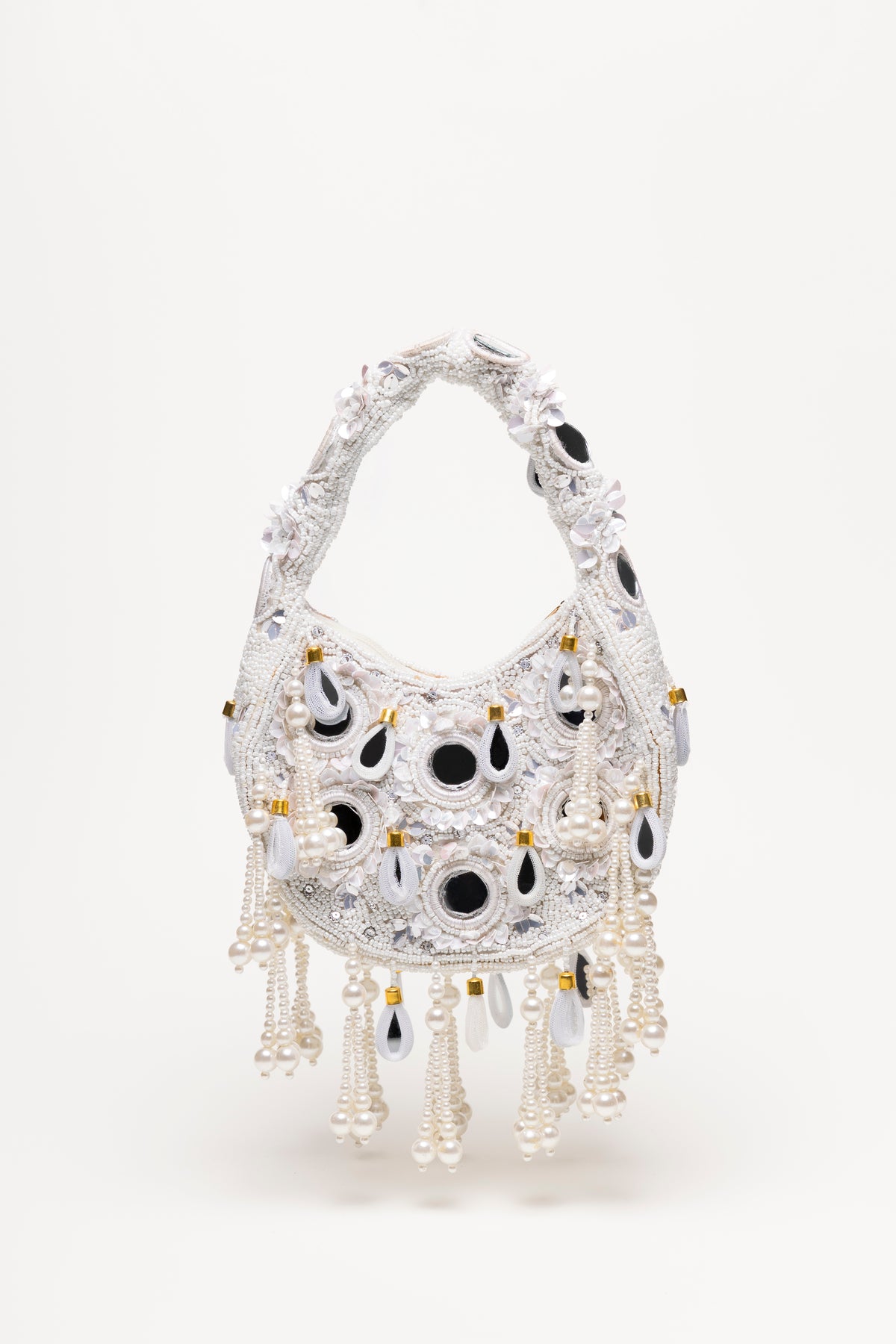 White beaded bridal Formentera bag with pearl embroidery, mirror glass details and cascading pearl fringe