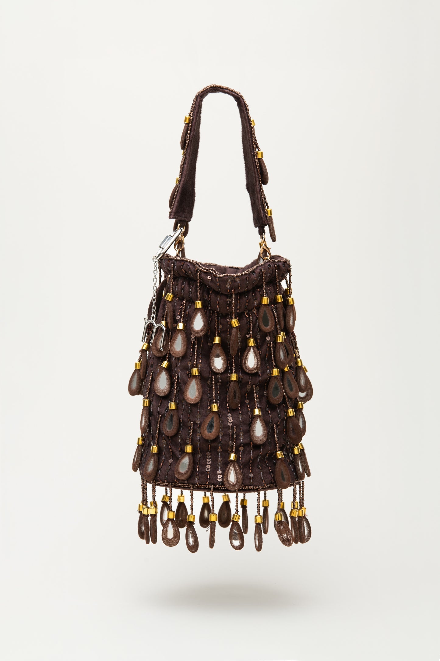 Brown Elio bucket bag with cascading teardrop mirror glass and sequin fringe, Mediterranean handcrafted statement accessory