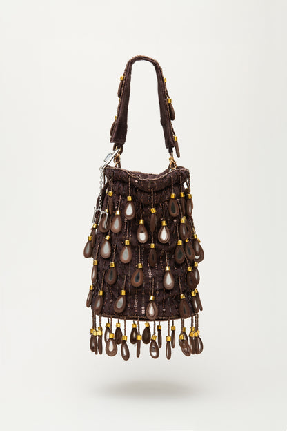 Brown Elio bucket bag with cascading teardrop mirror glass and sequin fringe, Mediterranean handcrafted statement accessory