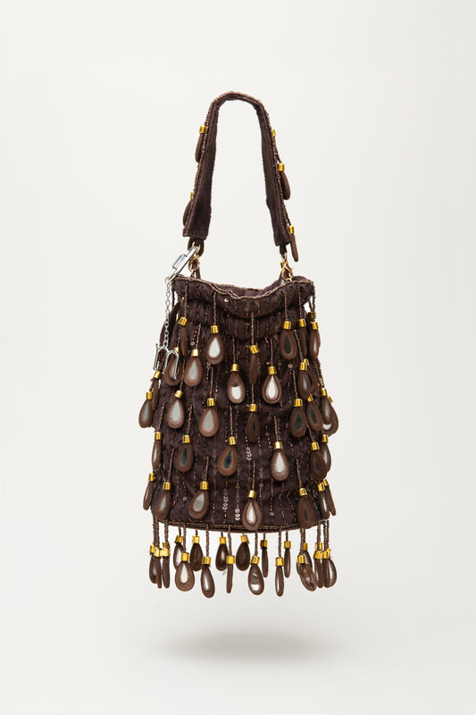 Brown Elio bucket bag with cascading teardrop mirror glass and sequin fringe, Mediterranean handcrafted statement accessory