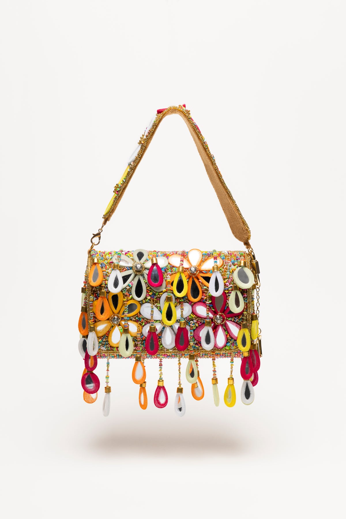 Poppy Bag multicolour micro-bead shoulder bag with oversized teardrop pendants in fuchsia, yellow, olive, white and fully beaded strap