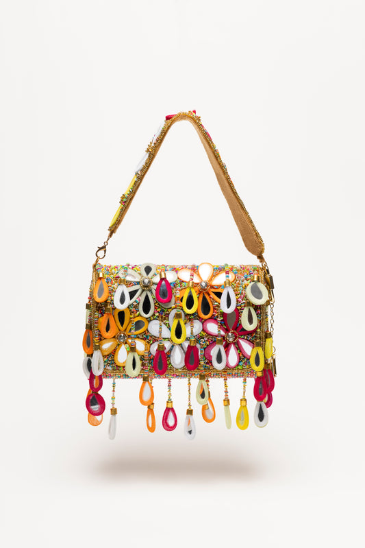 Poppy Bag multicolour micro-bead shoulder bag with oversized teardrop pendants in fuchsia, yellow, olive, white and fully beaded strap