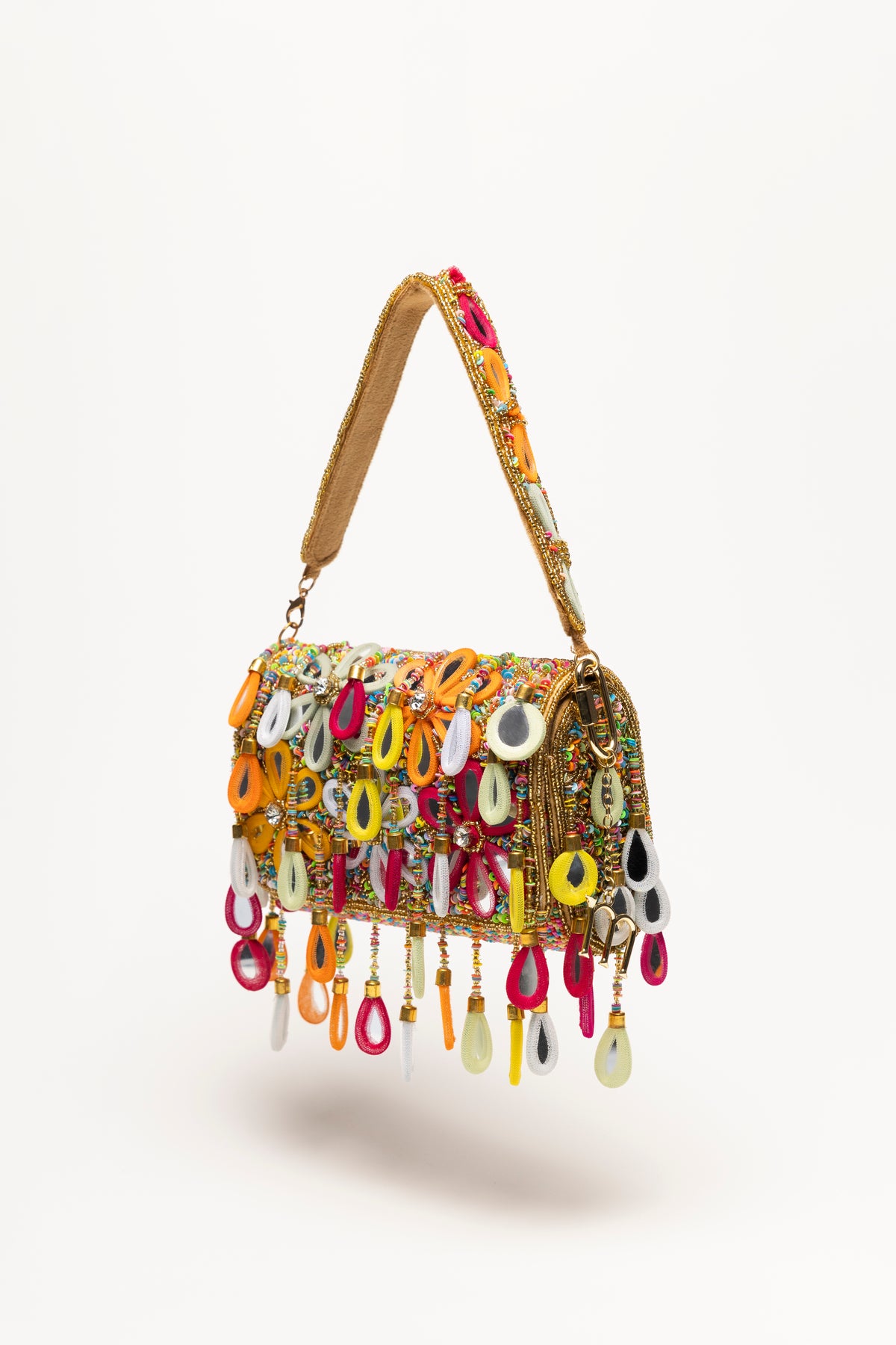 Poppy Bag multicolour beaded shoulder bag with oversized teardrop pendants in fuchsia, yellow and white