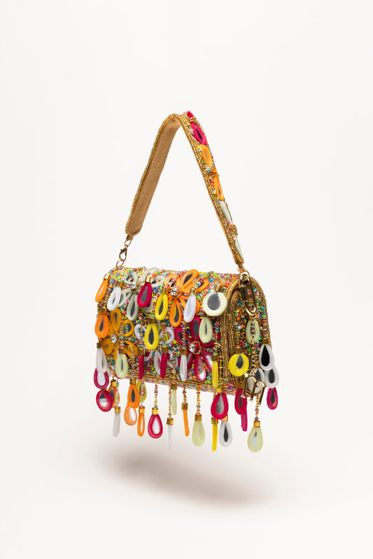 Poppy Bag multicolour beaded shoulder bag with oversized teardrop pendants in fuchsia, yellow and white
