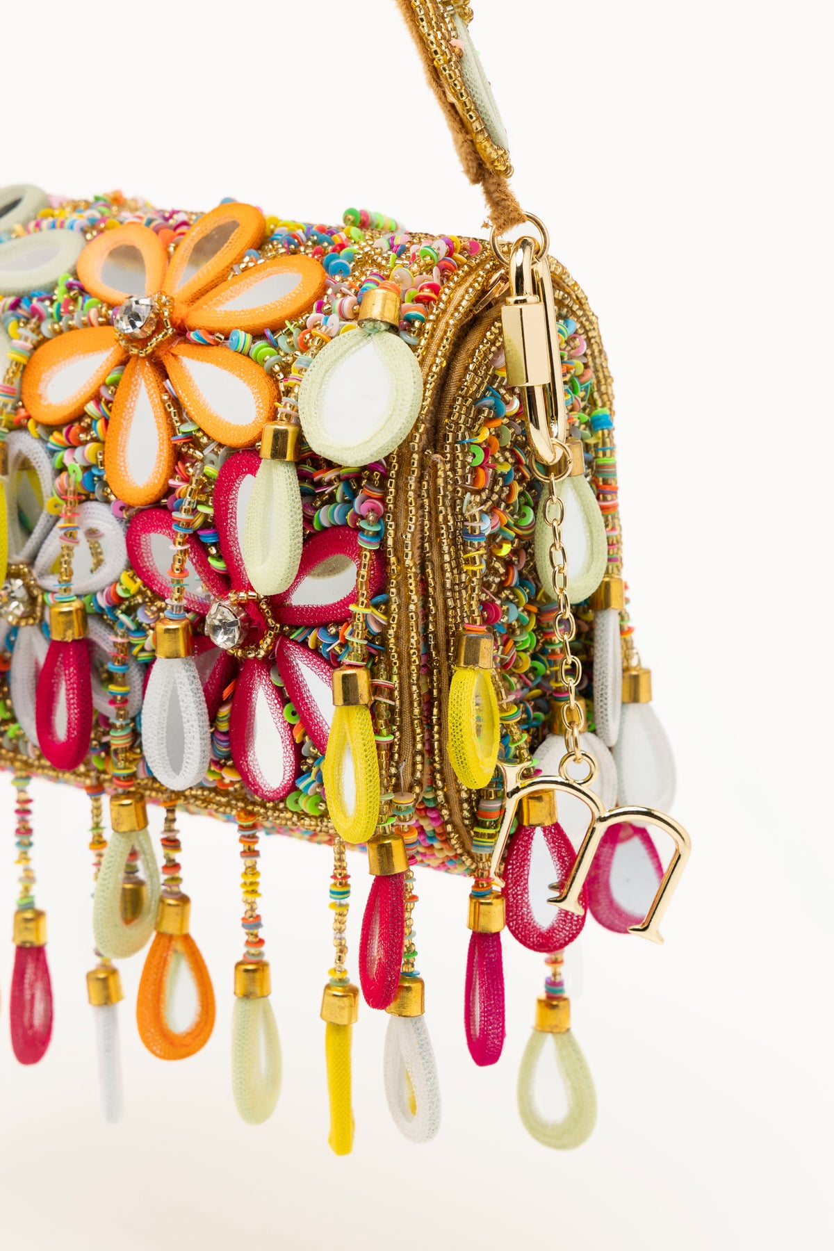 Poppy Bag multicolour beaded shoulder bag with oversized teardrop pendants in fuchsia, yellow, olive and white handcrafted statement piece