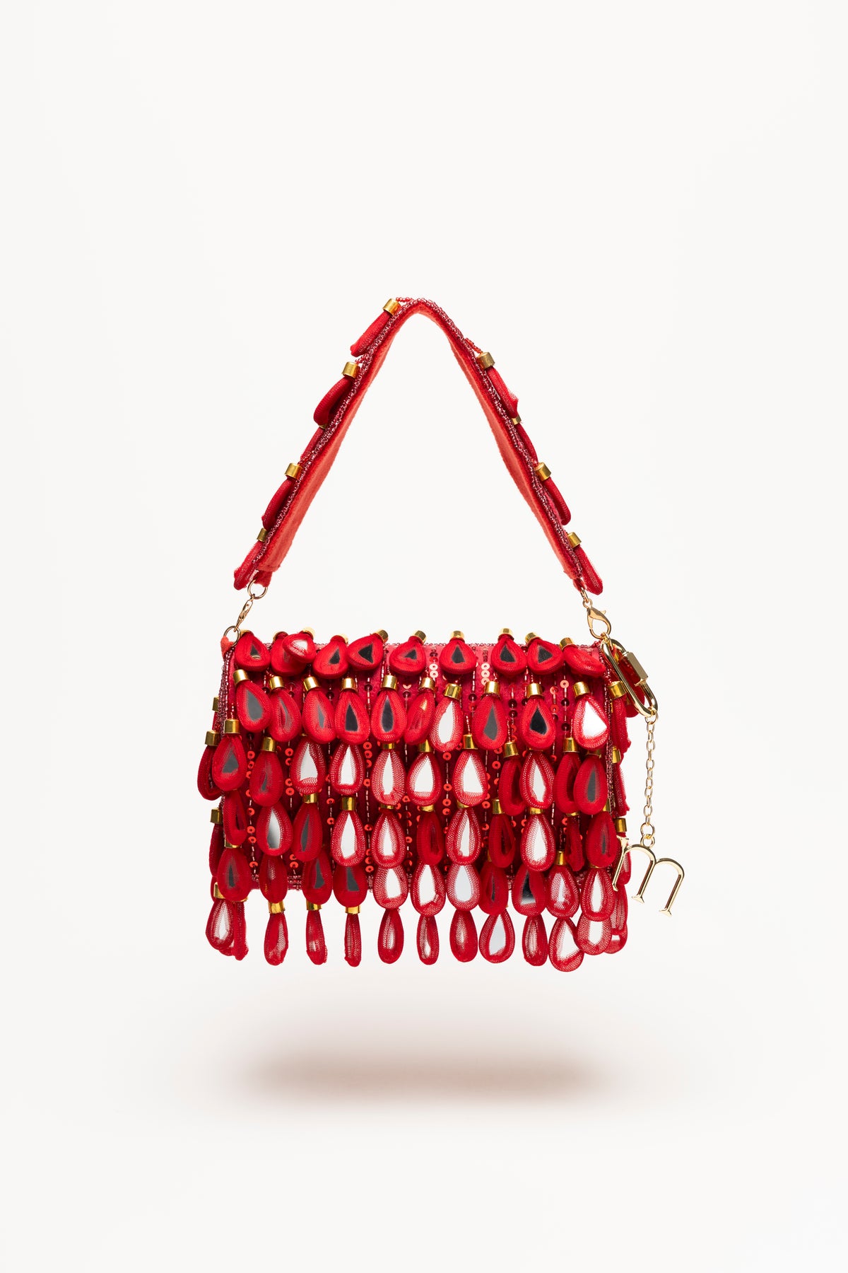 Red Martinas handcrafted statement bag with crimson sequin body and layered mirror teardrop pendants, Mediterranean luxury accessory