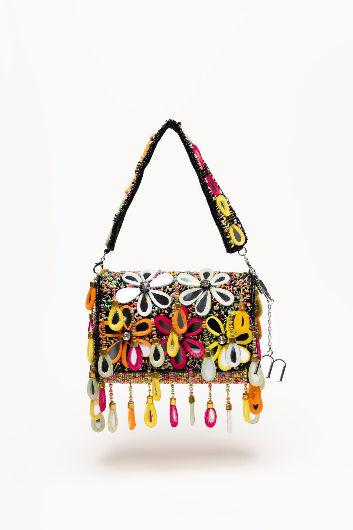 Dark Poppy handcrafted beaded shoulder bag with multicolour micro-bead embroidery, mirror-glass teardrop pendants and fully beaded strap