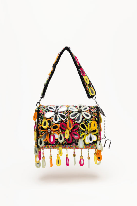 Dark Poppy handcrafted beaded shoulder bag with multicolour micro-bead embroidery, mirror-glass teardrop pendants and fully beaded strap
