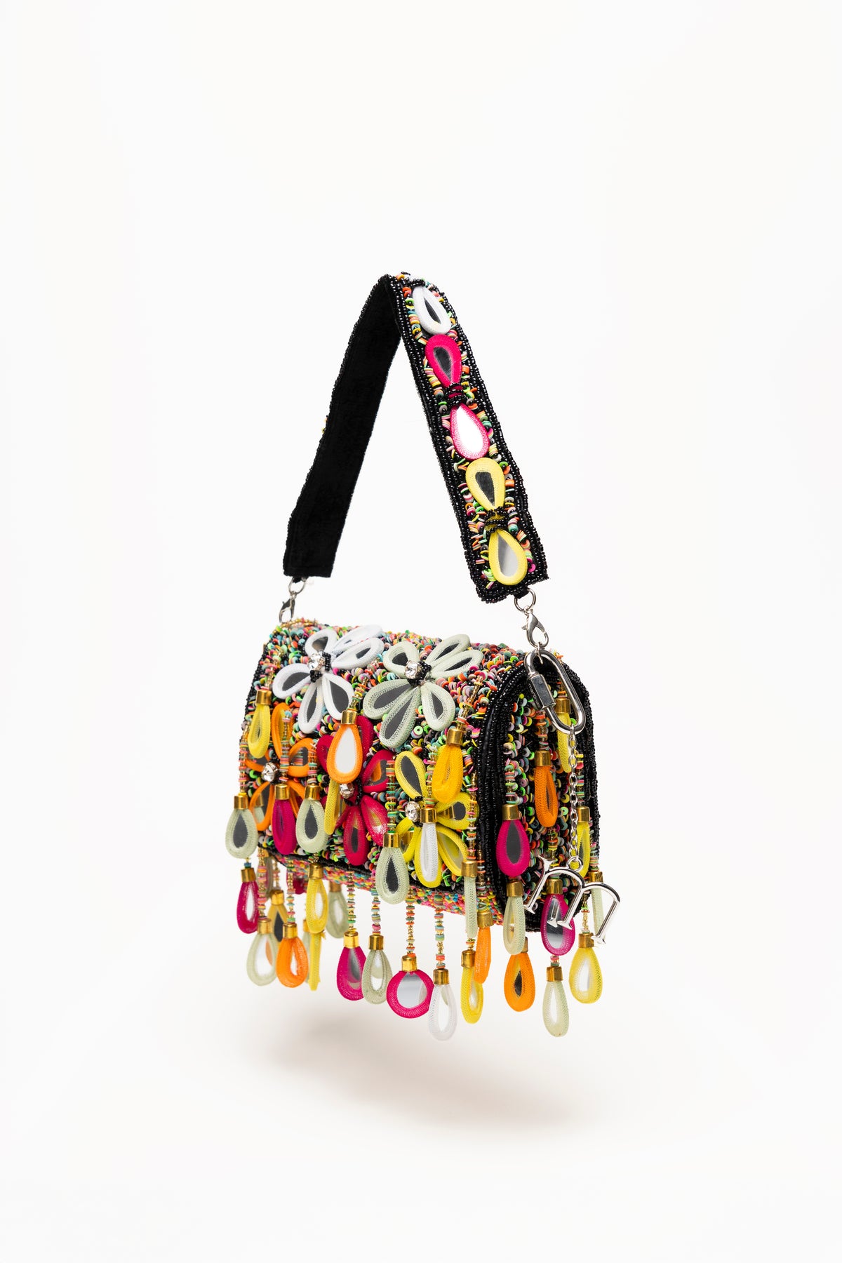 Dark Poppy handcrafted beaded shoulder bag with multicolour micro-bead embroidery, mirror-glass teardrop pendants and fully beaded strap