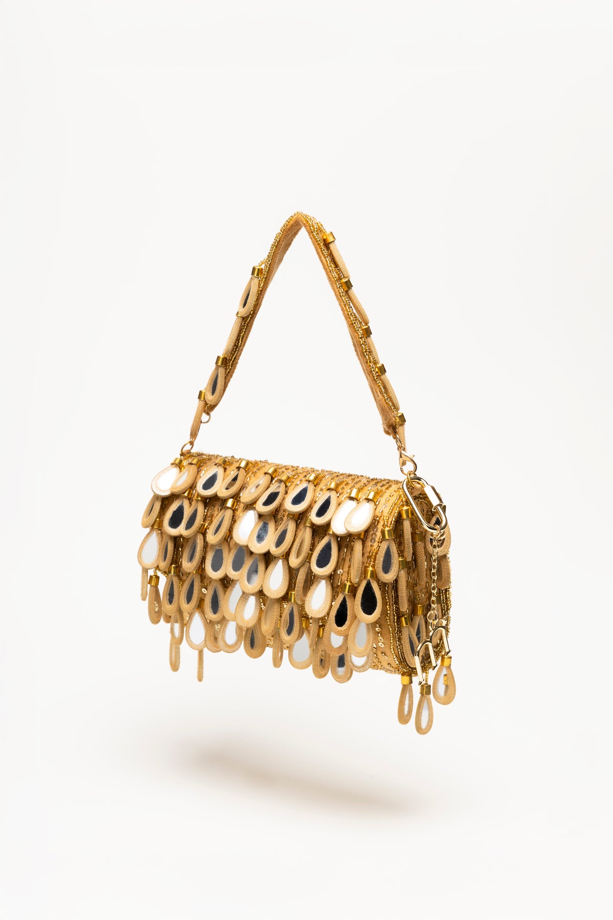 Gold Martinas statement shoulder bag with mirrored glass teardrop embellishments, handcrafted Mediterranean luxury accessory