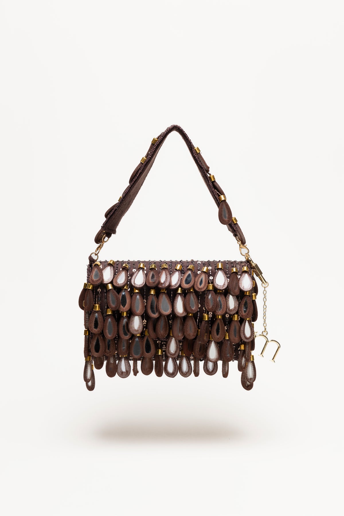 Espresso Martinas handcrafted shoulder bag with layered teardrop pendants, mirror-glass centres, and gold hardware