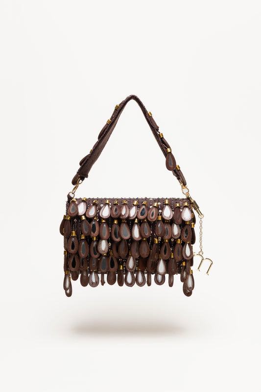 Espresso Martinas handcrafted shoulder bag with layered teardrop pendants, mirror-glass centres, and gold hardware