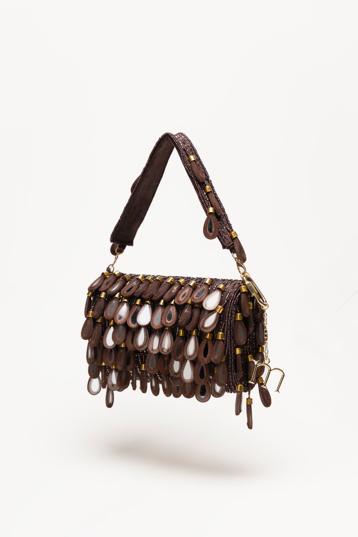 Espresso Martinas handcrafted shoulder bag with layered teardrop pendants, mirror-glass centres, gold hardware, brown tones