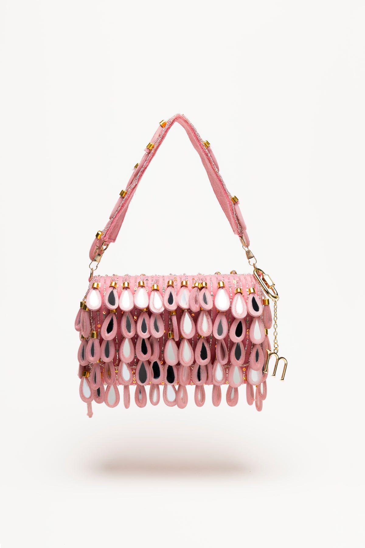 Handcrafted pink beaded shoulder bag with mirrored teardrop pendants in fuchsia and rose tones, sequin base, glitter strap, and gold hardware details