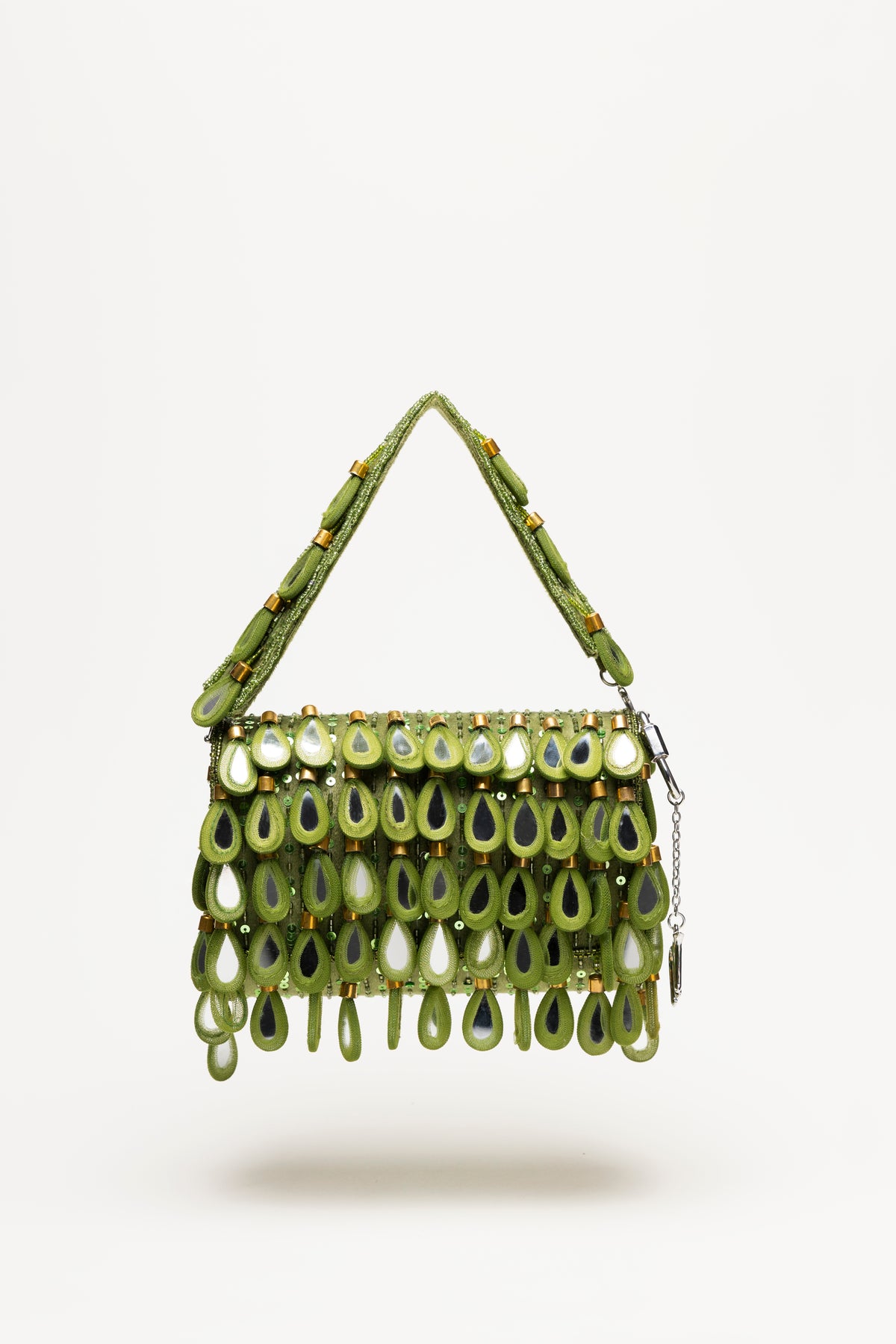 Handcrafted green beaded shoulder bag with mirror glass teardrop pendants, textured sequin base, and gold hardware details