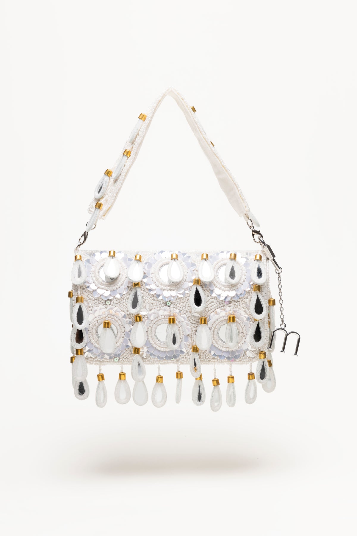 White Vita beaded shoulder bag with circular mirror-glass medallions, crystal embroidery, and cascading teardrop pendants