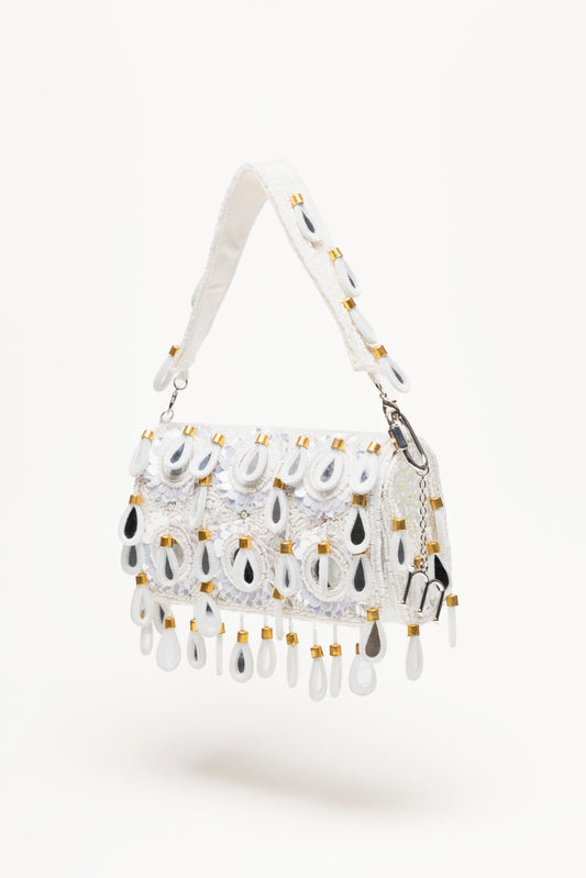 White Vita beaded shoulder bag with circular mirror-glass medallions, crystal embroidery, cascading teardrop pendants and ivory straps