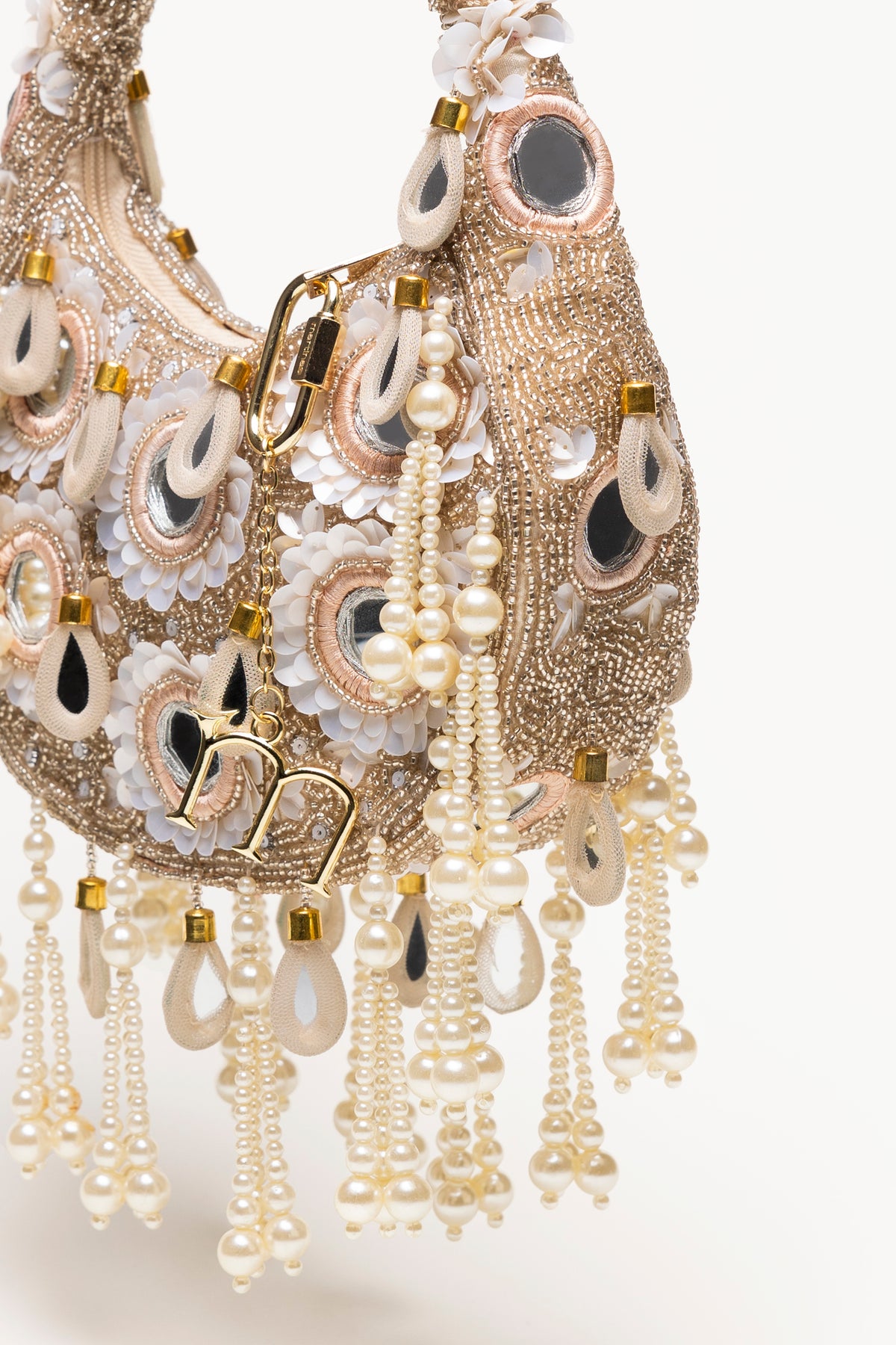 Beige Formentera handcrafted beaded bag with pearl cascades, mirrored details, and gold accents, Mediterranean luxury accessory