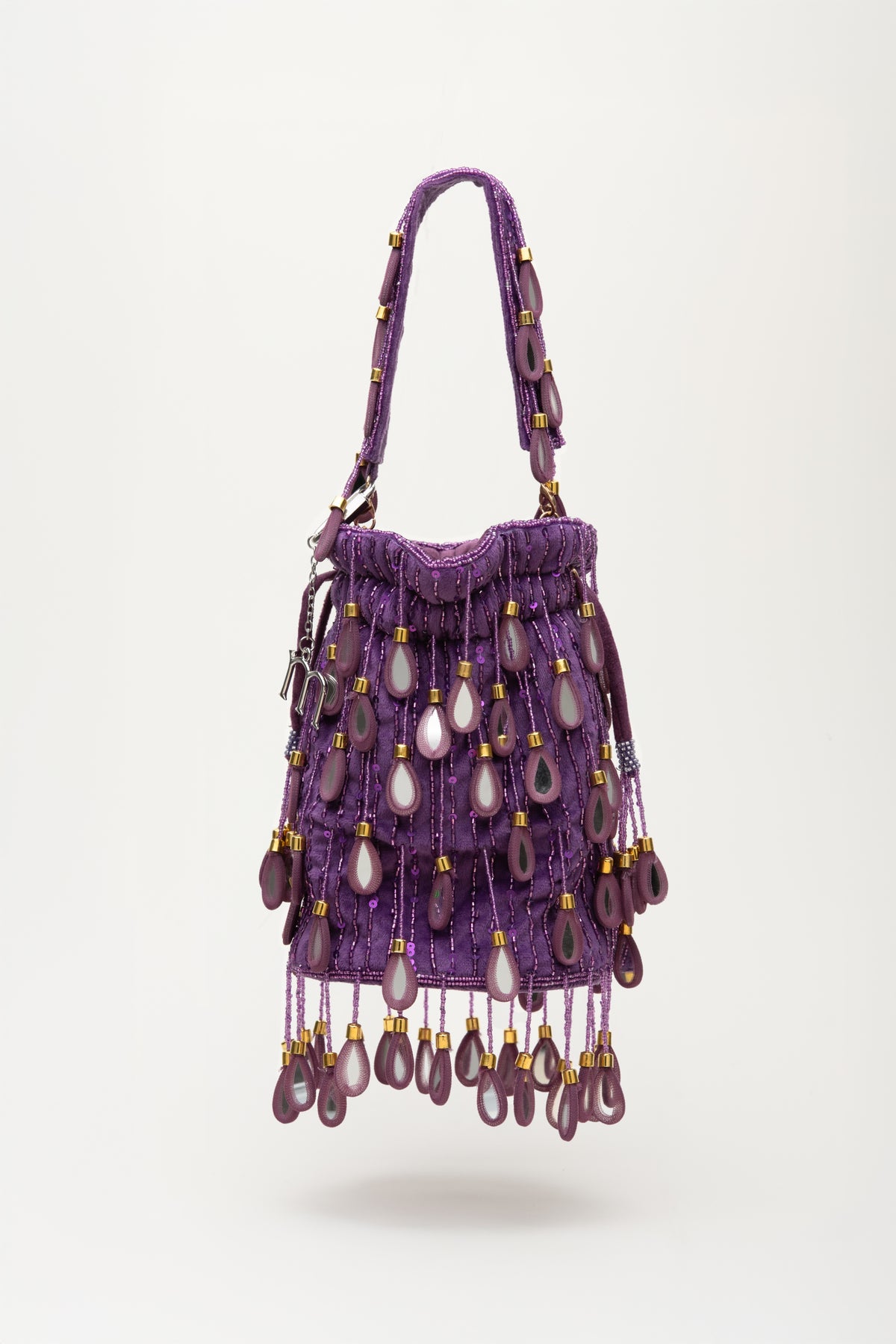Purple Elio beaded shoulder bag with purple teardrop beads and gold accents, handcrafted accessory