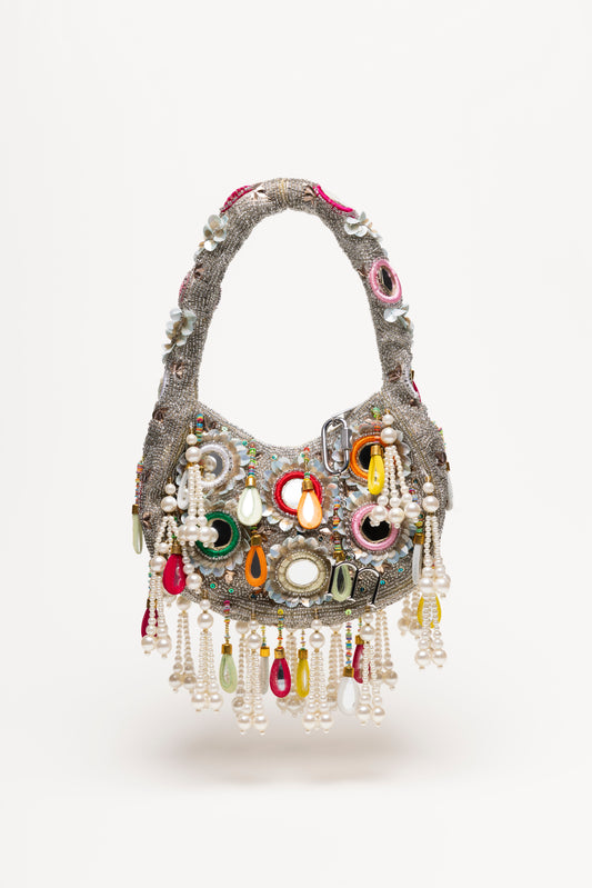 Silver Formentera beaded bag with mirror-glass drops, colorful accents, pearl strands and metallic details