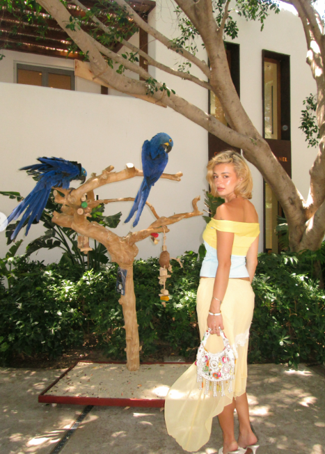 Woman in yellow off shoulder dress posing with blue macaw parrots on wooden perch in Mediterranean courtyard